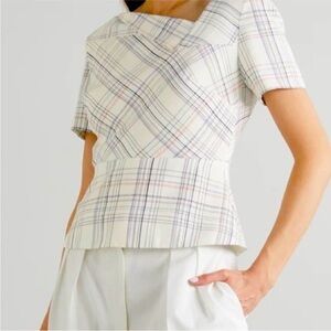 NWT Roland Mouret white plaid Mareham peplum top